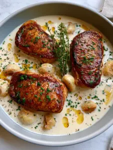 Top-down smartphone photo of luxurious French garlic chicken in a light grey ceramic skillet with ivory-white cream sauce and fresh thyme.