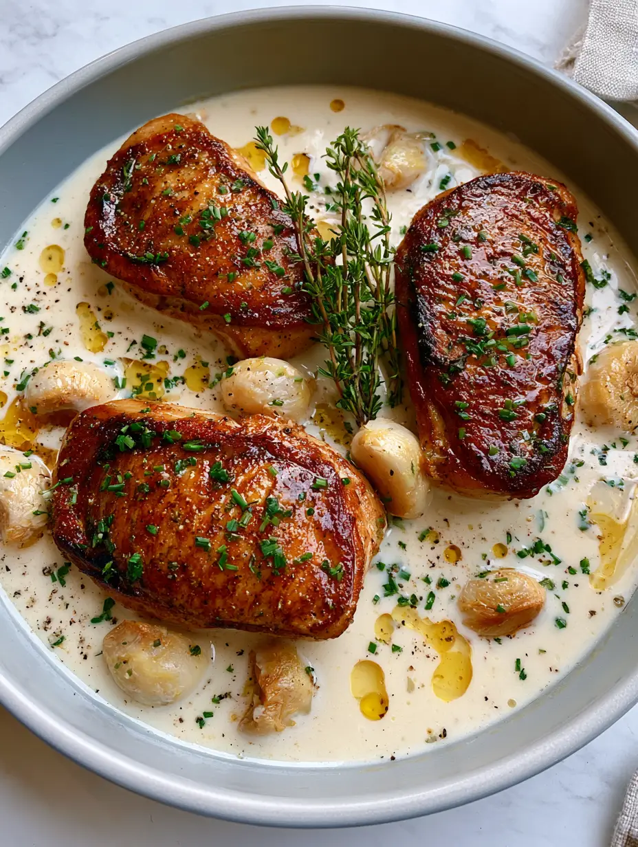 Top-down smartphone photo of luxurious French garlic chicken in a light grey ceramic skillet with ivory-white cream sauce and fresh thyme.