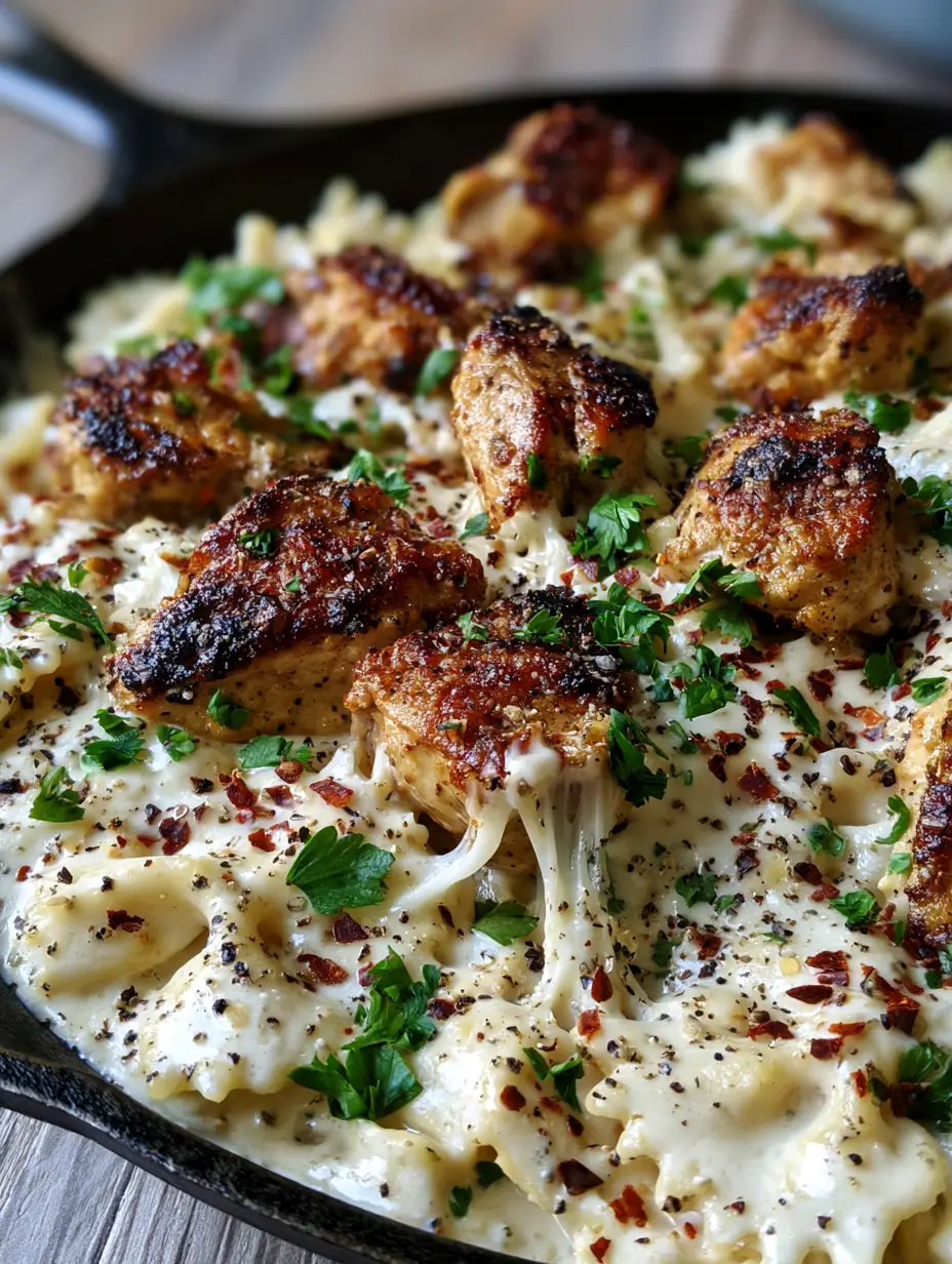 Mozzarella Garlic Butter Chicken Bowties with Charred Golden Chicken 3 Close up shot of seared golden-brown chicken chunks and bowtie pasta in a thick mozzarella garlic butter sauce.