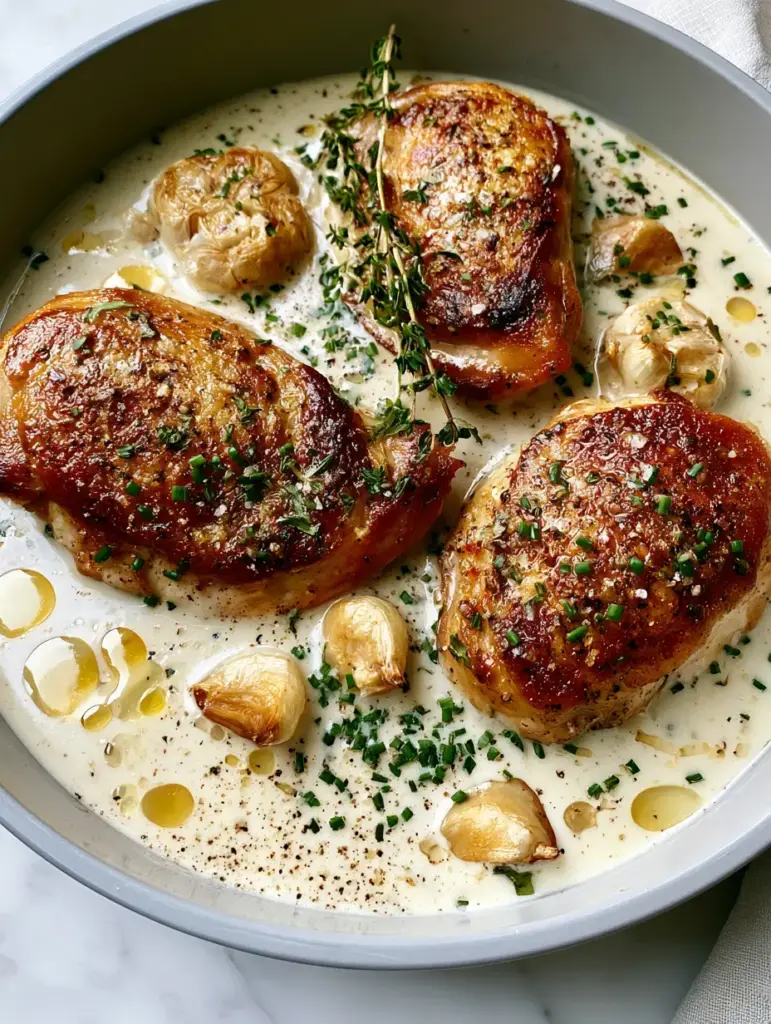 Detailed shot of French garlic chicken with whole roasted garlic cloves, golden oil droplets, and cracked black pepper.