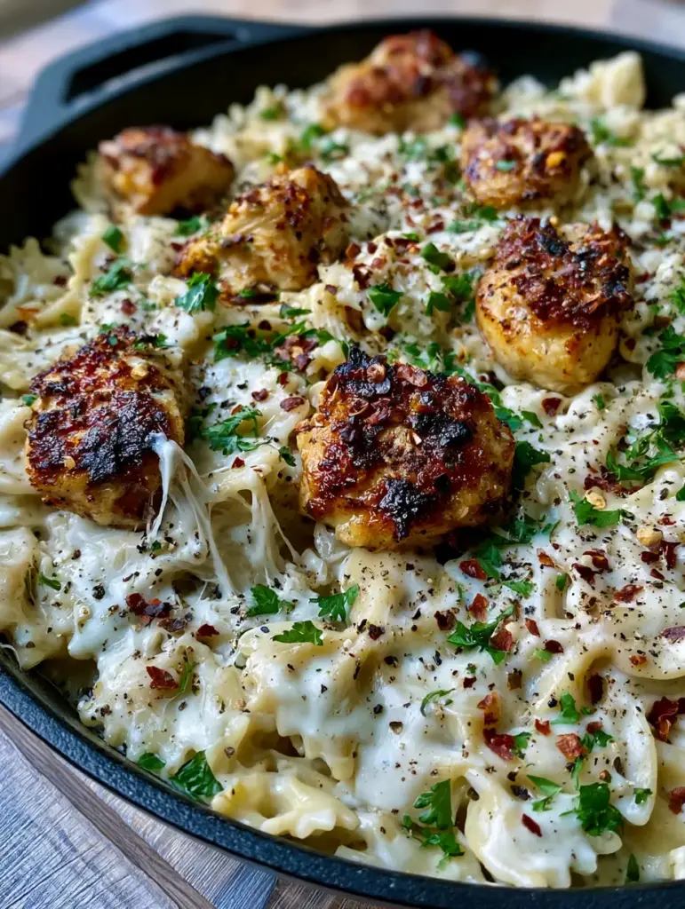 Mozzarella Garlic Butter Chicken Bowties with Charred Golden Chicken 1 Side view of Mozzarella Garlic Butter Chicken Bowties showing the velvety texture of the white cream sauce and cheese pulls.