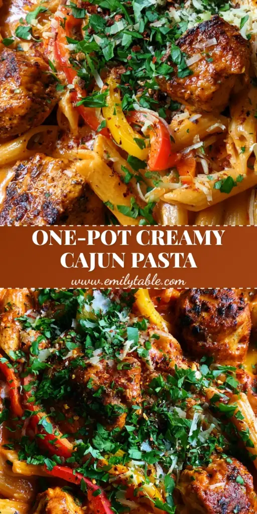One pot Cajun chicken pasta: The Ultimate Creamy Weeknight Dinner 4 Top-down view of One pot Cajun chicken pasta in a black cast iron skillet with vibrant peppers and parsley garnish.