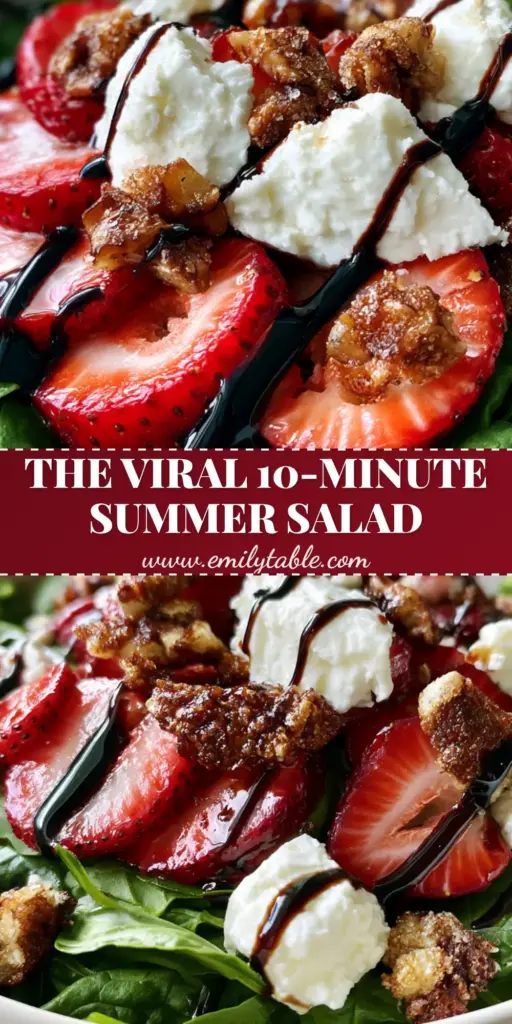 Spinach Strawberry Salad with Candied Pecans and Balsamic Glaze 3 A top-down view of a vibrant spinach strawberry salad featuring glossy red berries, creamy white feta, and dark balsamic drizzle in a white bowl.