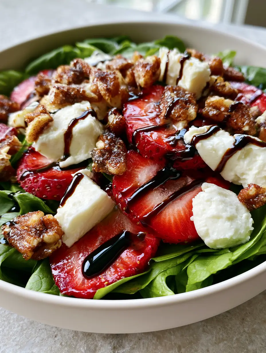 Spinach Strawberry Salad with Candied Pecans and Balsamic Glaze 4 Handheld smartphone photo of gourmet spinach strawberry salad in a matte white bowl with baby spinach and candied pecans. (spinach strawberry salad)