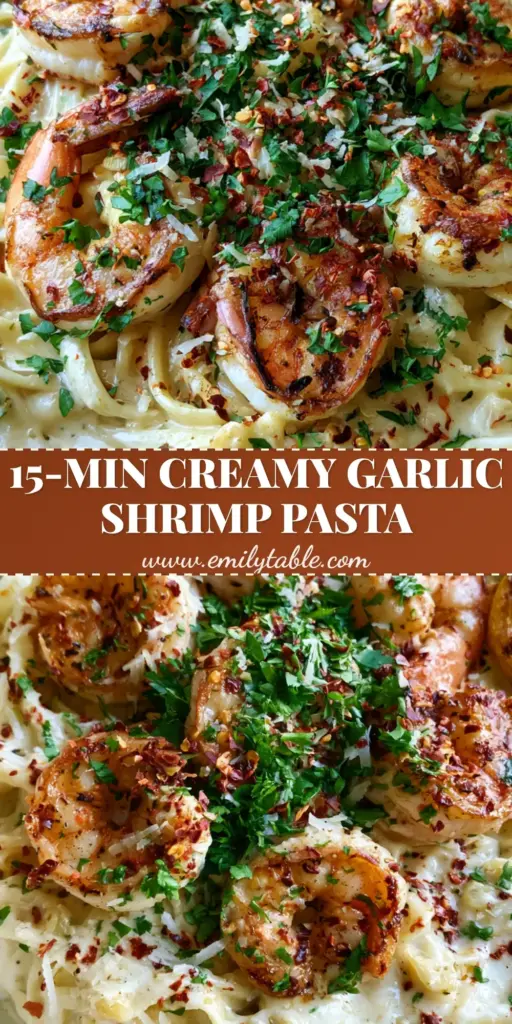 A shallow matte white bowl featuring Creamy garlic shrimp pasta with seared jumbo shrimp, red pepper flakes, and fresh parsley garnish.