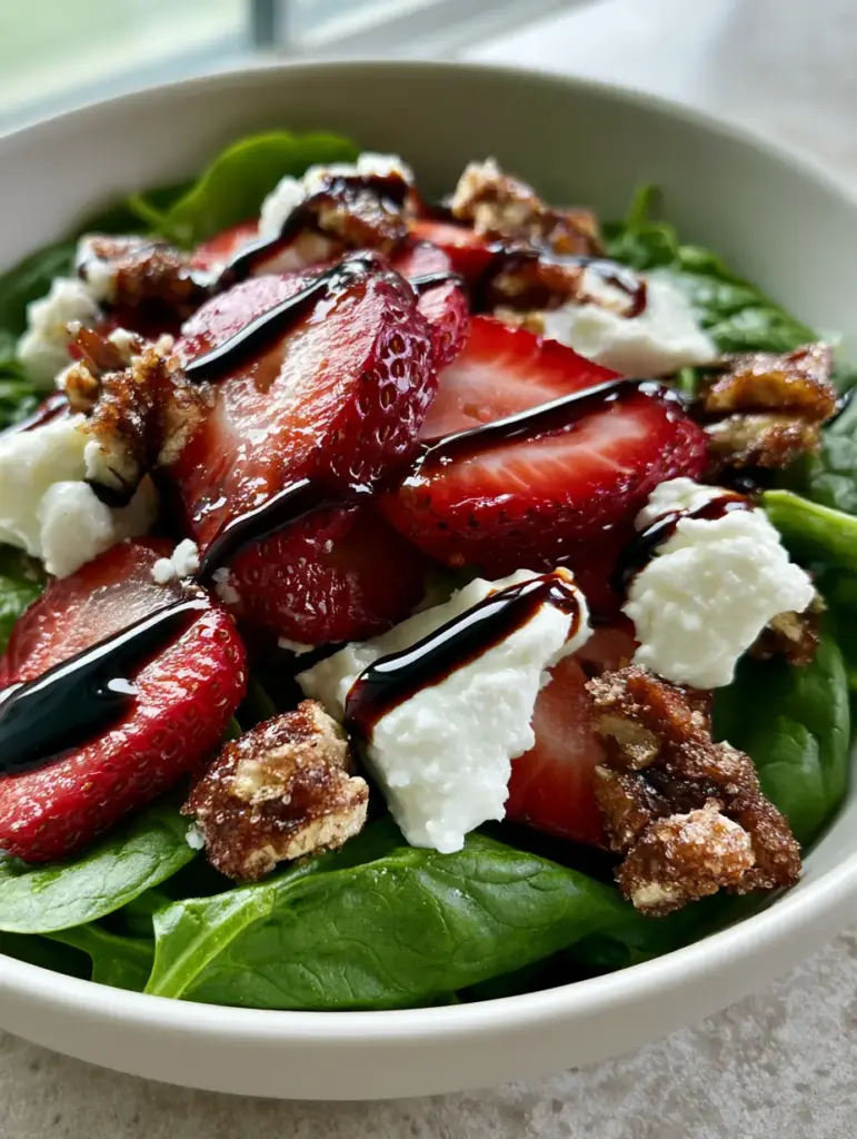 Spinach Strawberry Salad with Candied Pecans and Balsamic Glaze 1 Close up of spinach strawberry salad highlighting the golden-brown sugar crust on candied pecans and dark balsamic glaze ribbons.