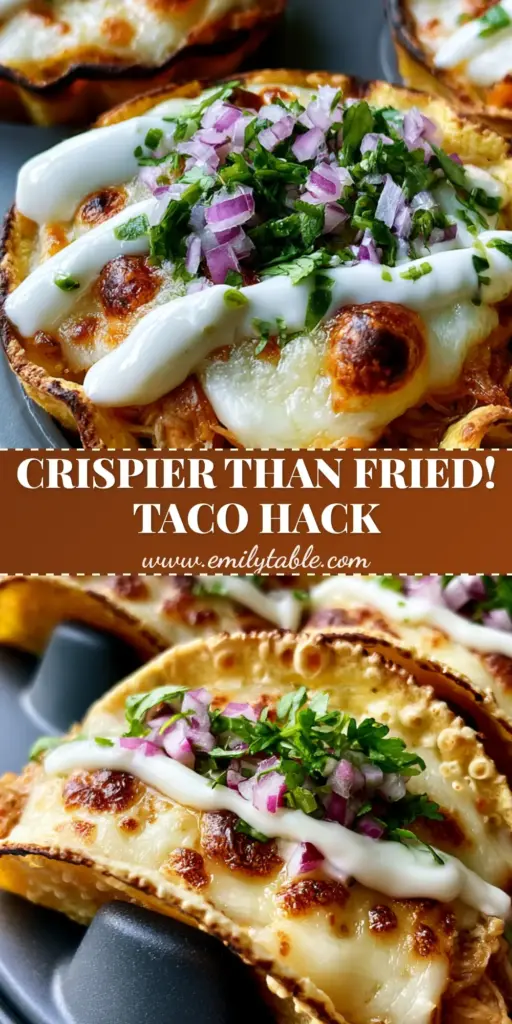 A high-angle photo of mini baked chicken tacos held upright in an upside-down muffin tin, topped with melted pepper jack and lime crema.