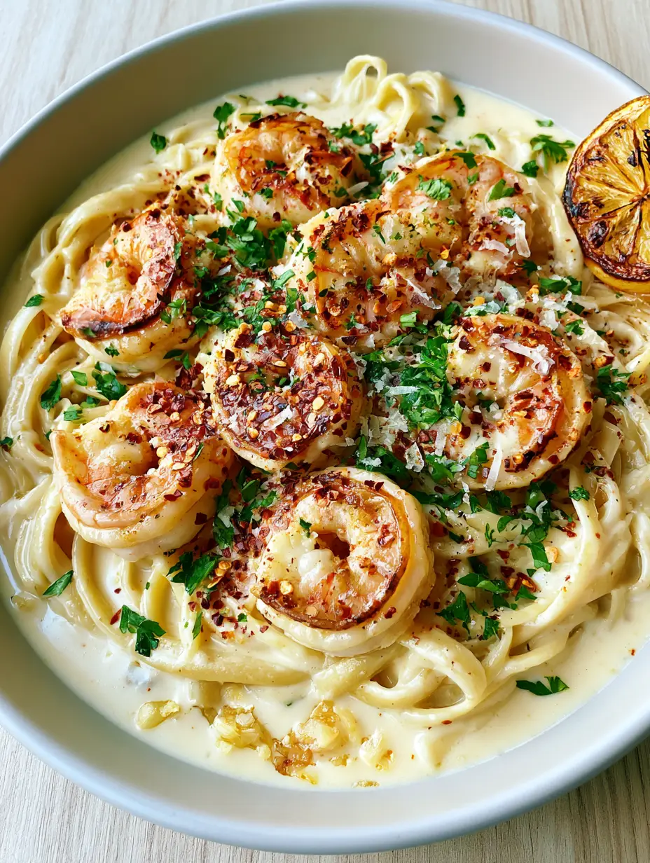 Overhead close-up of Creamy garlic shrimp pasta showing the glossy ivory sauce and seared shrimp with golden edges.