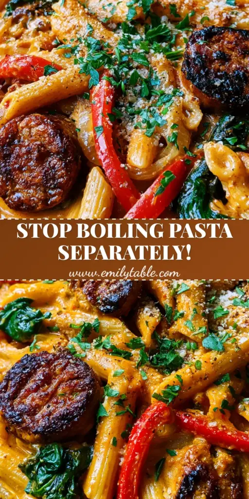 Creamy Spicy Cajun Sausage Pasta: The Ultimate One-Skillet Comfort Meal 3 Overhead view of Creamy Spicy Cajun Sausage Pasta in a black cast iron skillet with seared Andouille and vibrant parsley.