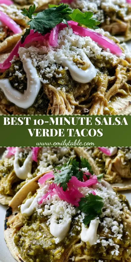 Three salsa verde chicken tacos on a white plate with pink pickled onions, cotija cheese, and cilantro, drizzled with crema.