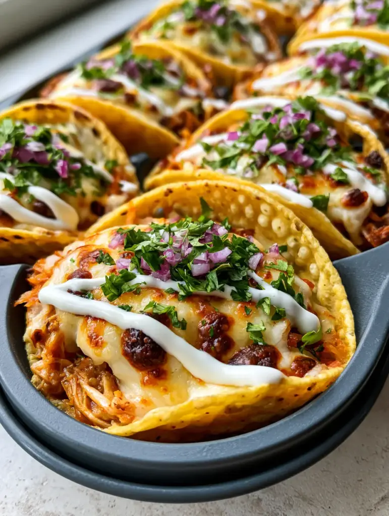 Close up of crispy corn tortillas with air bubbles and melted cheese for mini baked chicken tacos.