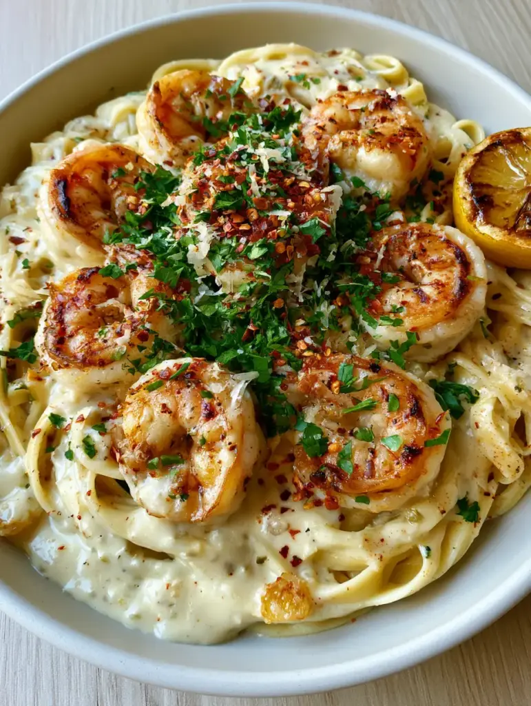 Close-up of jumbo shrimp with visible grill marks on top of Creamy garlic shrimp pasta.