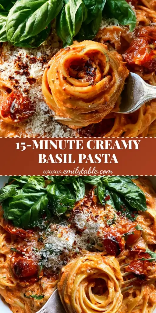 High-angle smartphone photo of a white ceramic bowl filled with Creamy Basil Tomato Pasta featuring a silver fork lift and charred tomatoes.