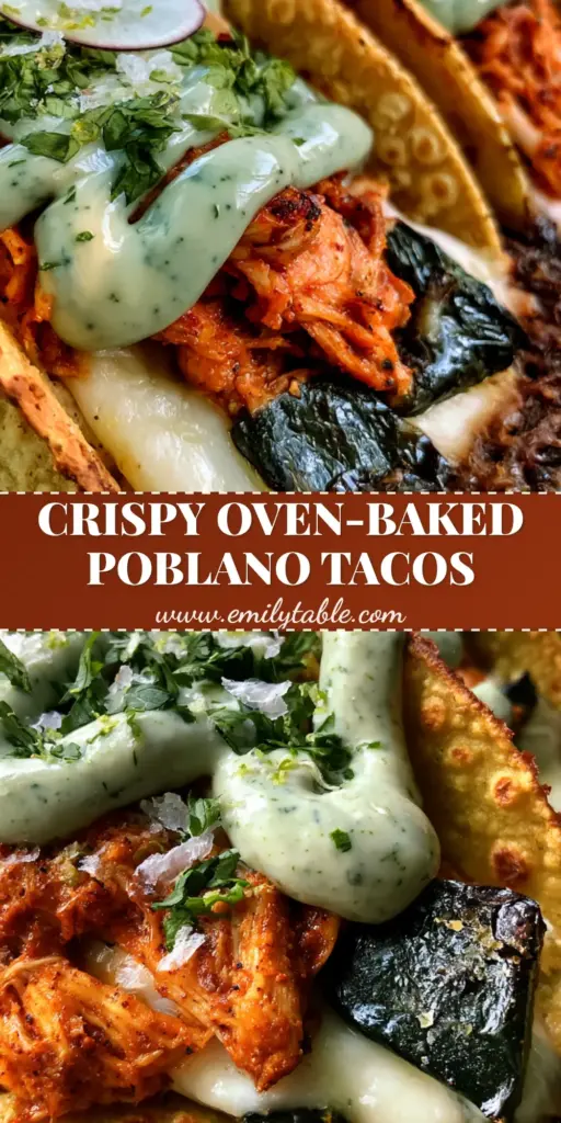 Three Crispy Poblano Chicken Tacos with golden-brown corn tortillas, visible cheese skirts, and a zigzag of green poblano crema.
