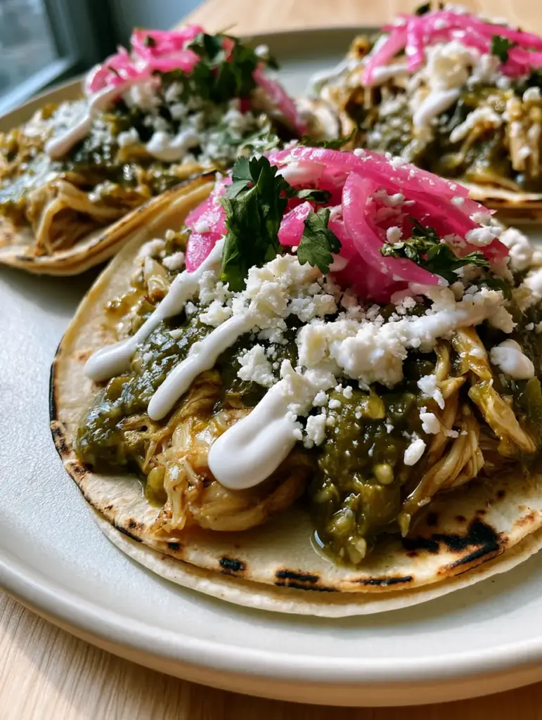 Close up handheld photo of three salsa verde chicken tacos on charred corn tortillas with vibrant green sauce.