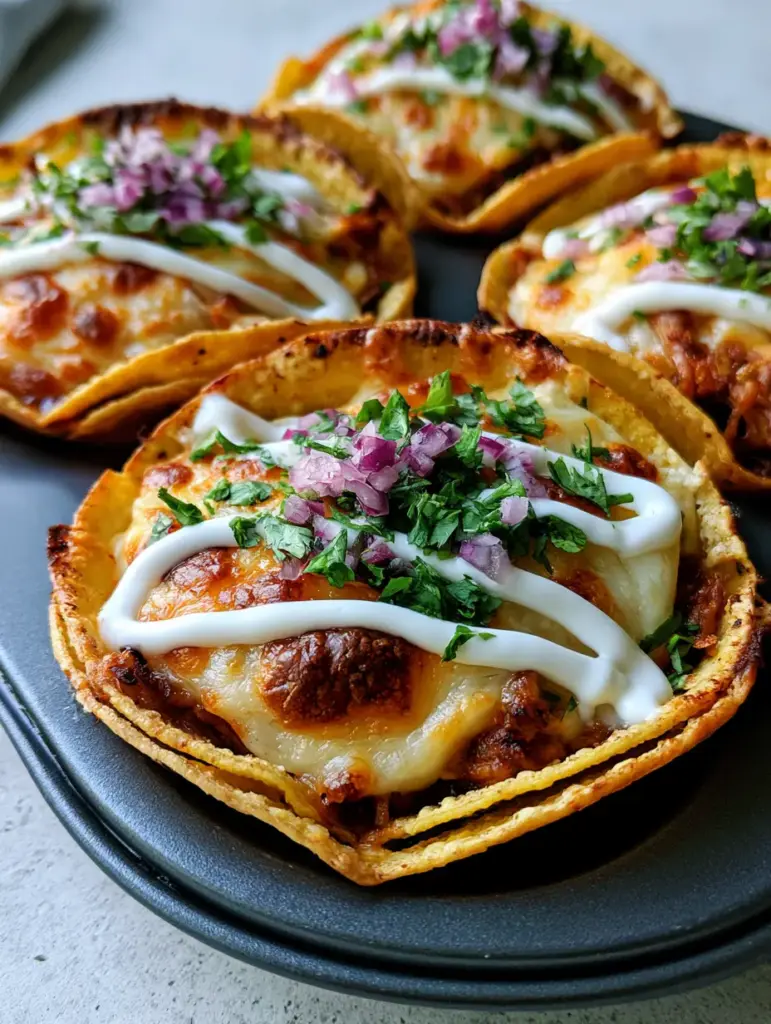 Mini baked chicken tacos garnished with cilantro, red onion, and lime crema drizzle.