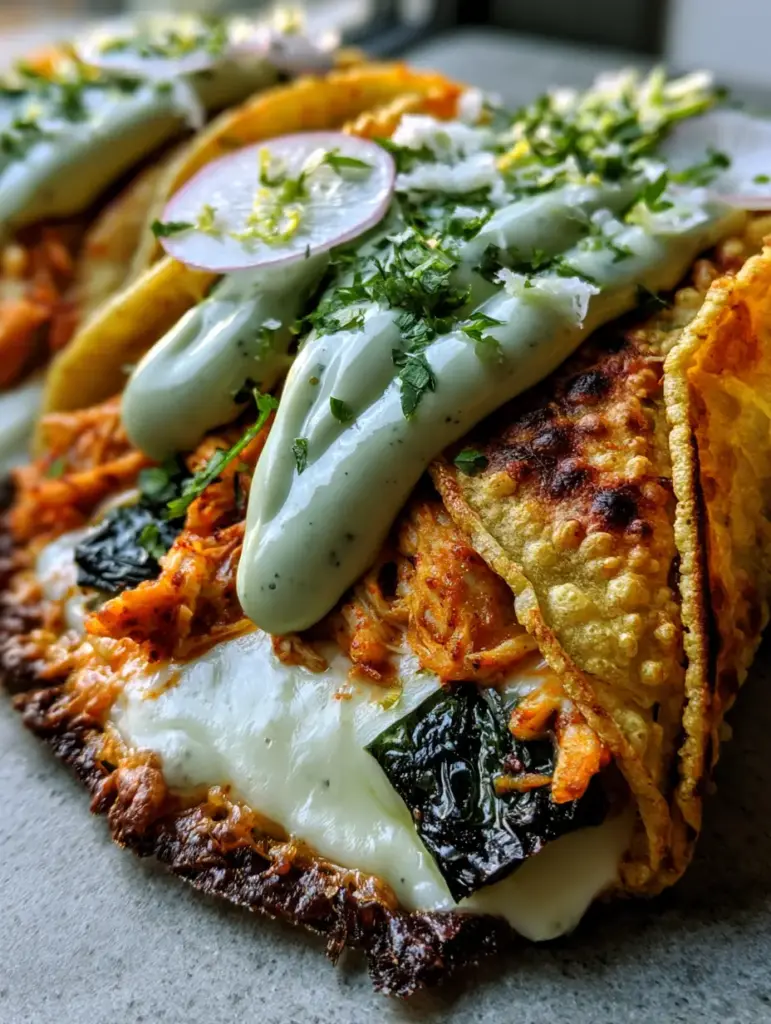 Close-up of baked chicken tacos showing shredded chicken in adobo and blistered poblano peppers with crispy cheese edges. (Crispy Poblano Chicken Tacos)