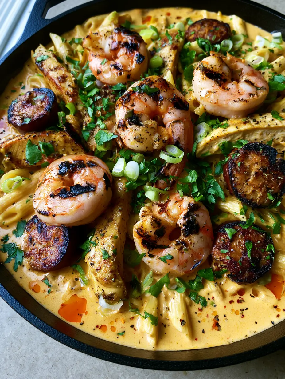 Close up of al dente penne in a thick orange Cajun cream sauce with visible flecks of black pepper and charred sausage rounds.