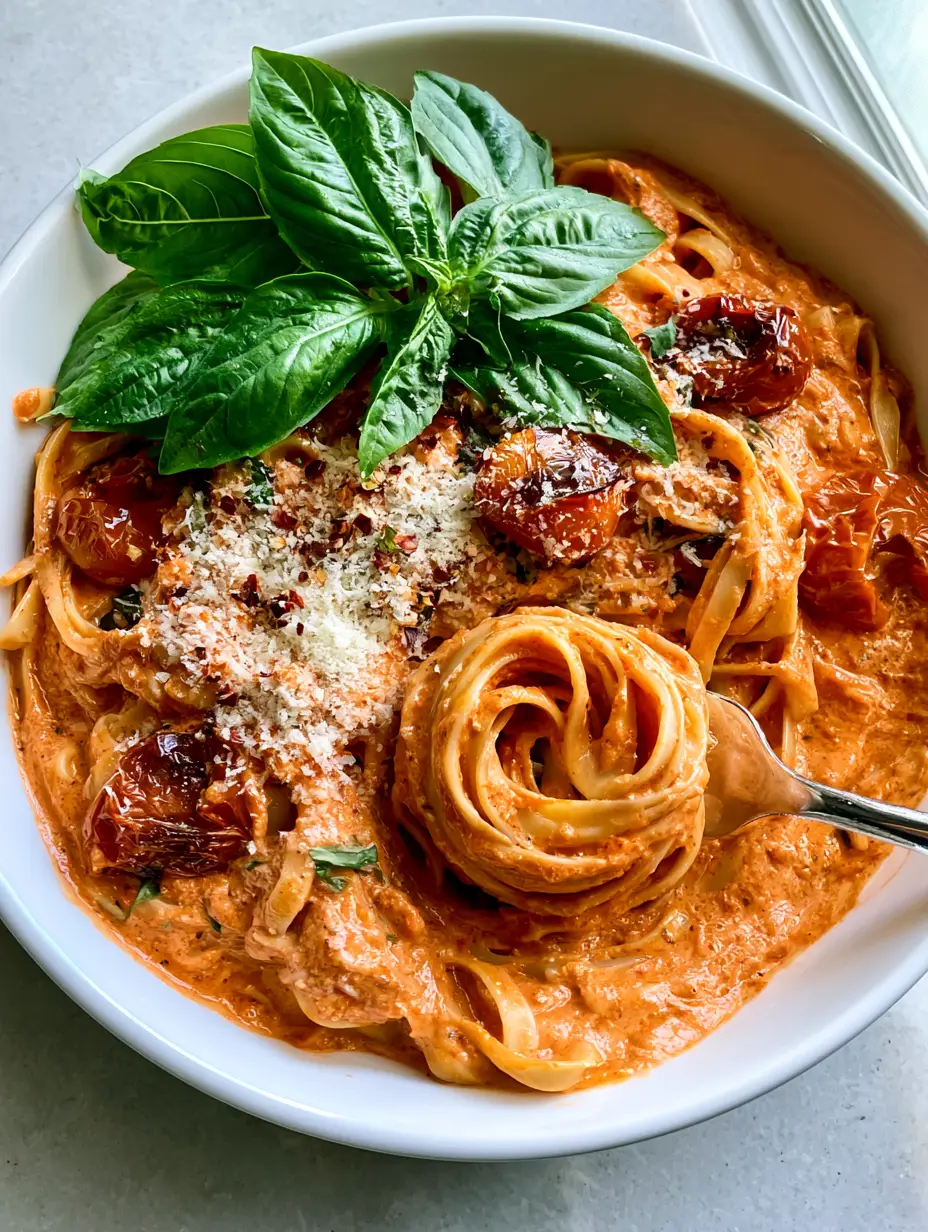 Close-up of al dente fettuccine ribbons coated in thick tomato cream sauce with whole basil and parmesan cheese. (Creamy Basil Tomato Pasta)