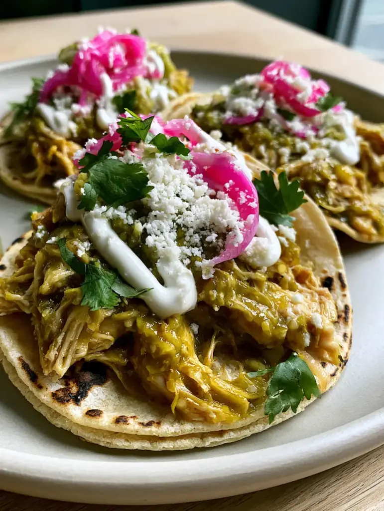 Succulent shredded chicken coated in thick green salsa verde inside a charred corn tortilla.