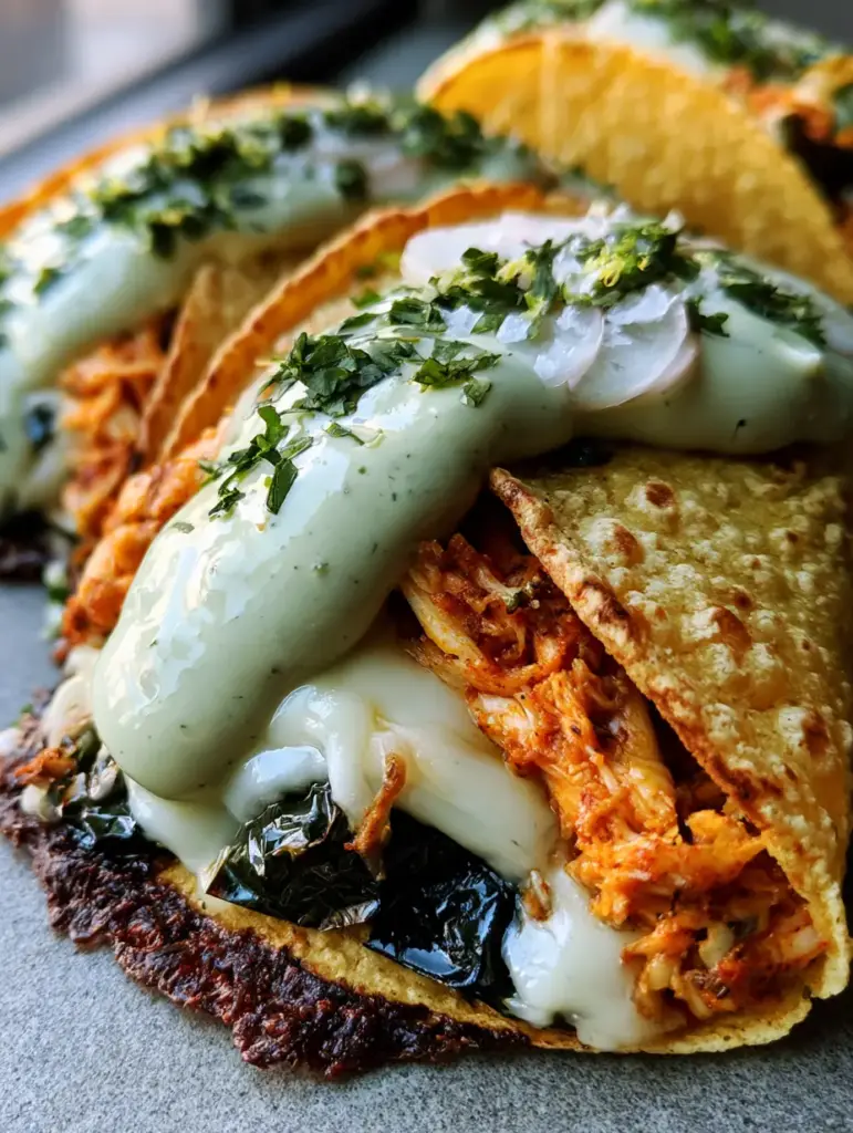 Eye-level view of three tacos on a stone surface garnished with radish, cilantro, and lime zest. (Crispy Poblano Chicken Tacos)