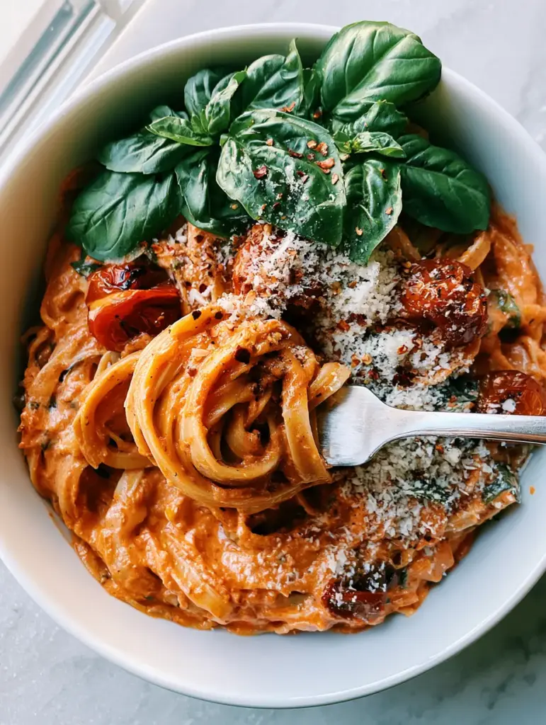 Top-down view of a white ceramic bowl of Creamy Basil Tomato Pasta on a gray stone background with soft side-lighting.