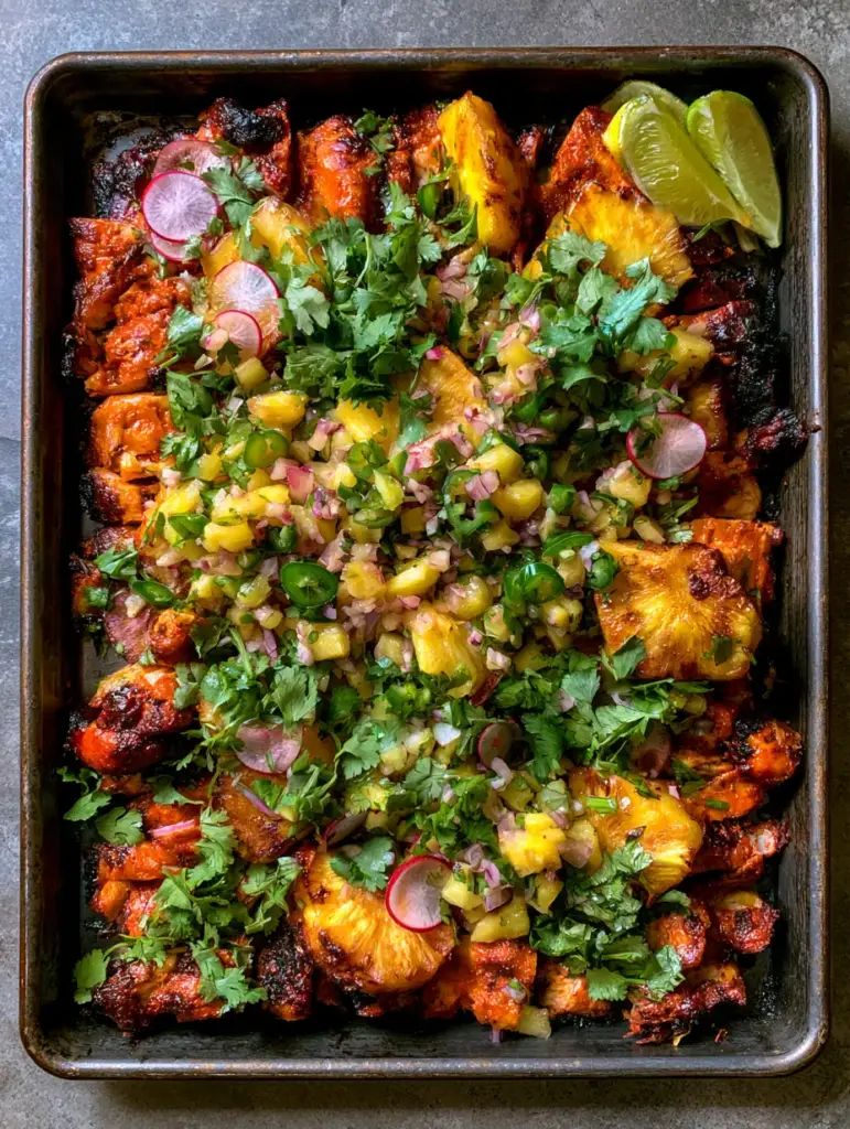 Close-up of deep red-orange achiote chicken thighs with crispy charred edges and golden roasted pineapple. (Al Pastor Chicken Tacos)