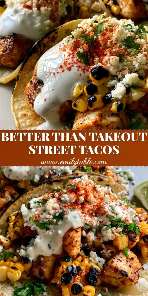Three Mexican Street Corn Chicken Tacos on a white plate with charred corn, elote sauce, and lime wedges.