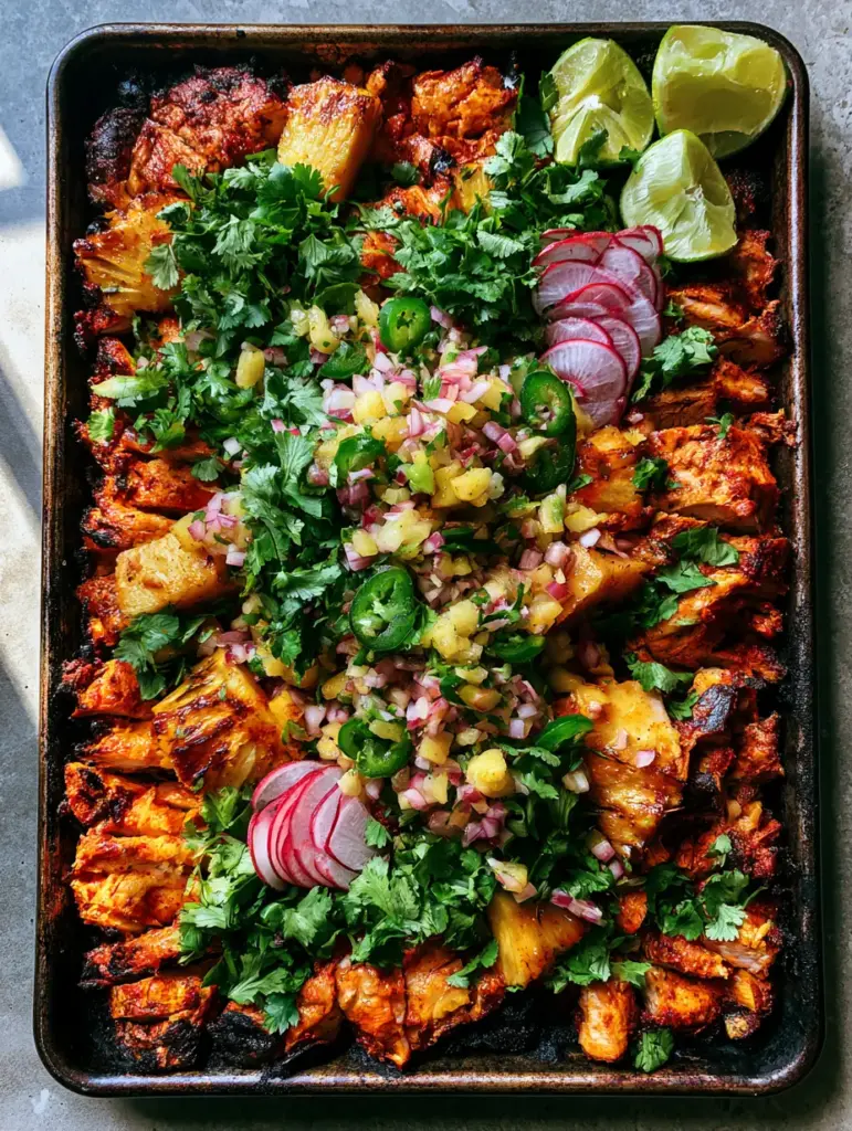 Rustic sheet pan filled with sliced Al Pastor Chicken, garnished with pineapple salsa, red onion, jalapeno, and paper-thin radish rounds.
