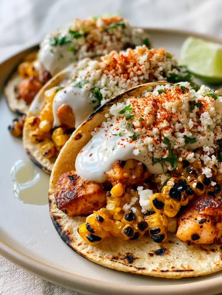 Close up handheld shot of Mexican Street Corn Chicken Tacos showing velvety sauce and charred corn.