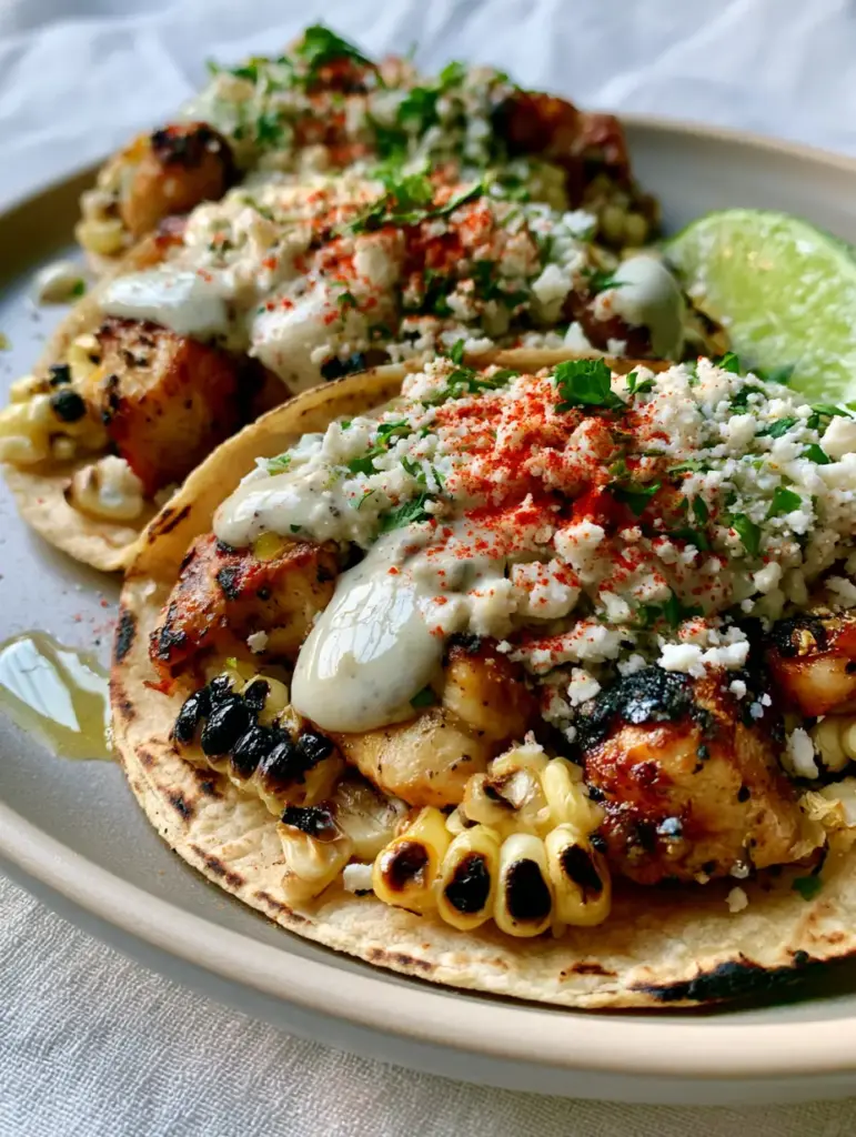 Overhead view of three Mexican Street Corn Chicken Tacos with bright red chili powder and fresh cilantro.