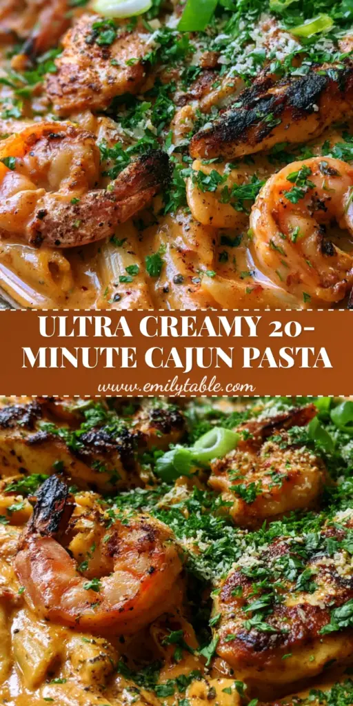 A rustic skillet overflowing with Cajun chicken and shrimp penne in a sunset-orange cream sauce garnished with parsley.
