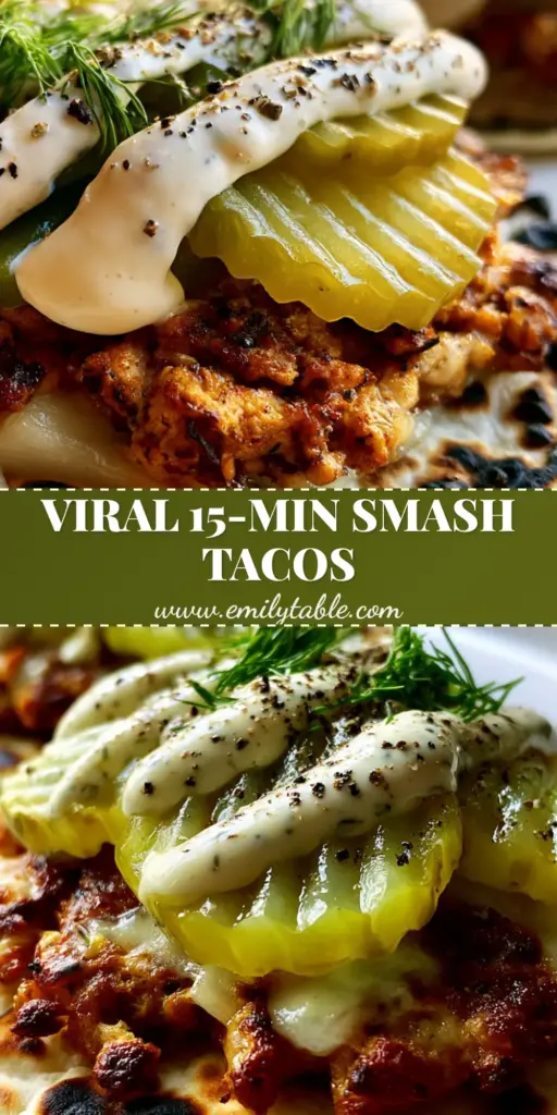 A close-up of three Dill Pickle Ranch Smash Chicken Tacos with crispy mahogany edges, melted cheese, crinkle-cut pickles, and ranch drizzle.