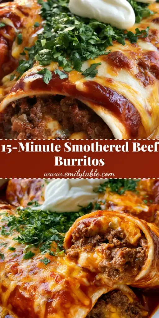 Ground beef burritos with Smothered Red Enchilada Sauce 4 A high-angle shot of Ground beef burritos smothered in red sauce and melted cheese with cilantro and sour cream in a white baking dish.