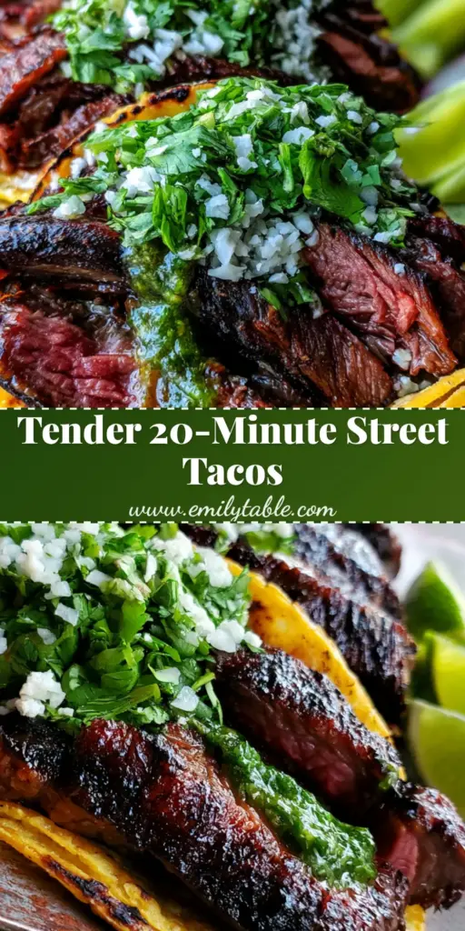 Steak Tacos with Sizzling Flank Steak and Zesty Salsa Verde 4 Three street-style steak tacos in a rustic metal holder featuring seared flank steak, salsa verde, and cotija cheese on charred yellow corn tortillas.