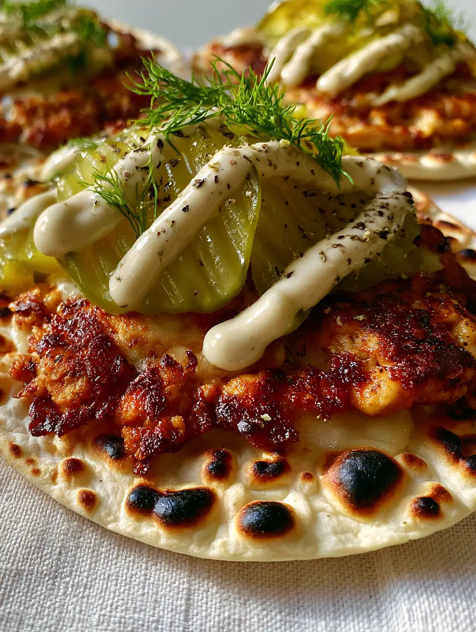 Macro 45-degree shot of Dill Pickle Ranch Smash Chicken Tacos showing jagged crispy chicken edges and creamy ranch zig-zags.