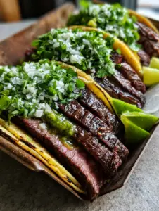 Close up photo of steak tacos showing thick-cut juicy flank steak strips and bright green cilantro toppings.