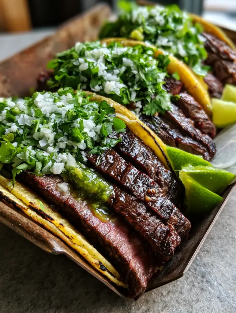 Close up photo of steak tacos showing thick-cut juicy flank steak strips and bright green cilantro toppings.