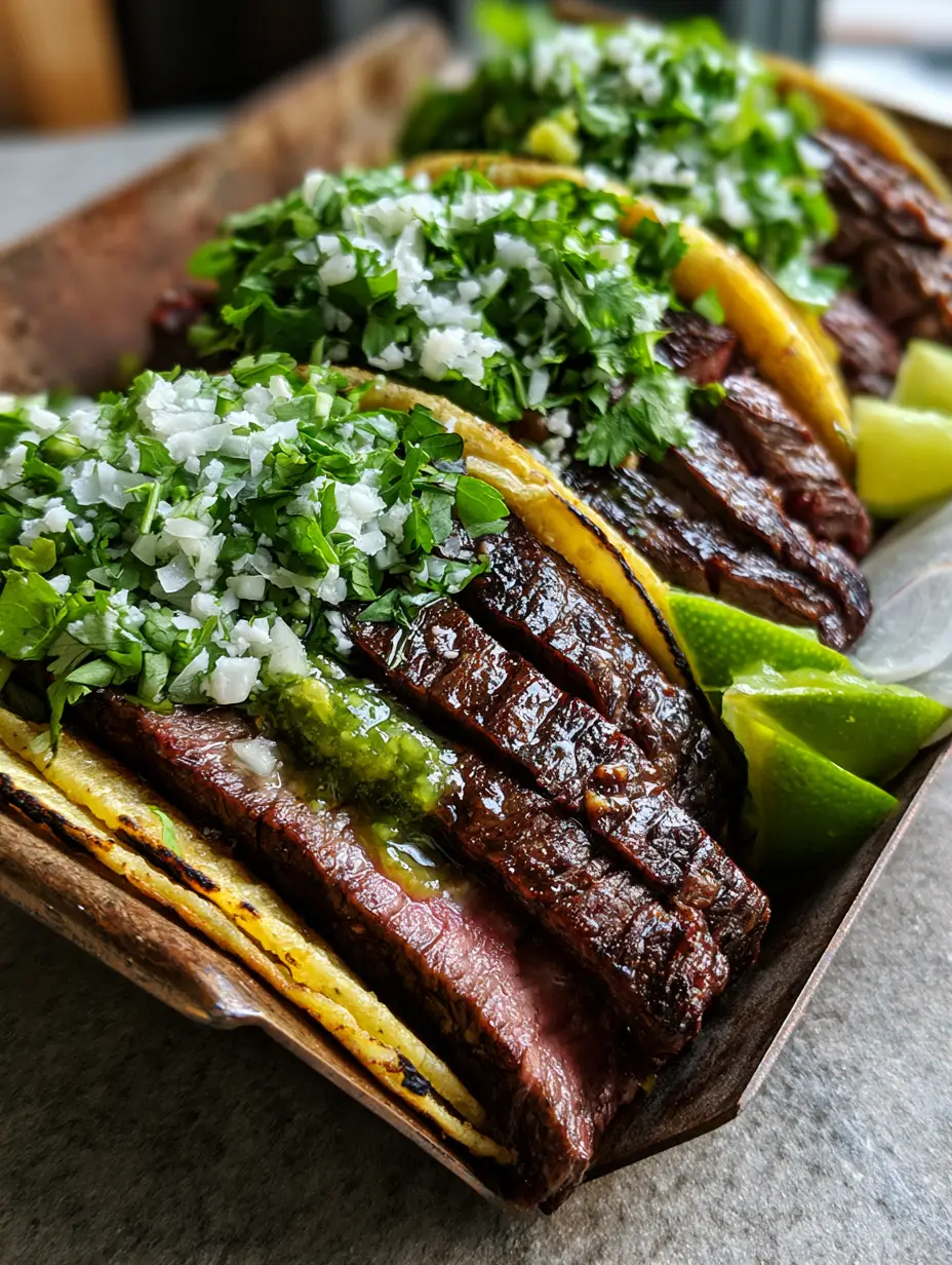 Steak Tacos with Sizzling Flank Steak and Zesty Salsa Verde 3 Close up photo of steak tacos showing thick-cut juicy flank steak strips and bright green cilantro toppings.