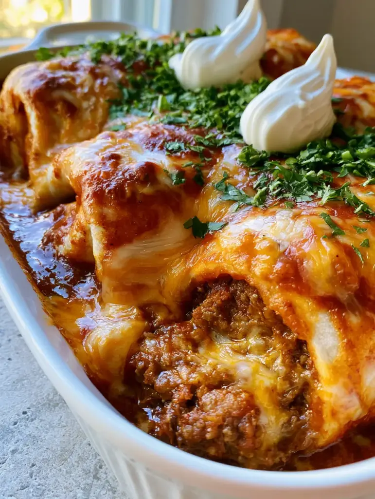 Close up of Ground beef burritos in a white ceramic dish with thick red sauce and toasted cheese bubbles.