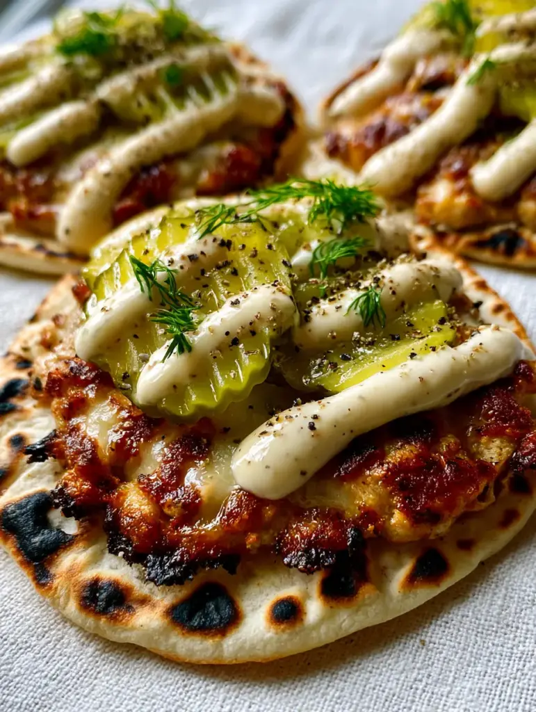 Detailed view of Dill Pickle Ranch Smash Chicken Tacos featuring blistered flour tortillas and fresh dill sprigs.