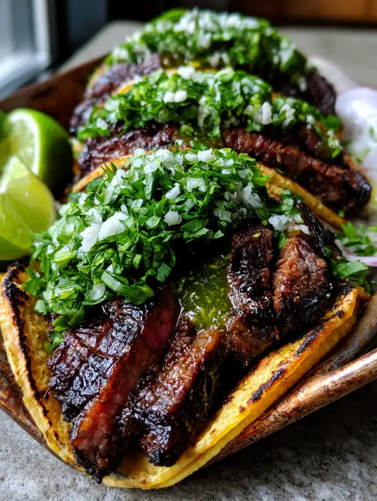 Steak Tacos with Sizzling Flank Steak and Zesty Salsa Verde 1 Steak tacos garnished with translucent radish slices and fresh lime wedges on a grey stone surface.