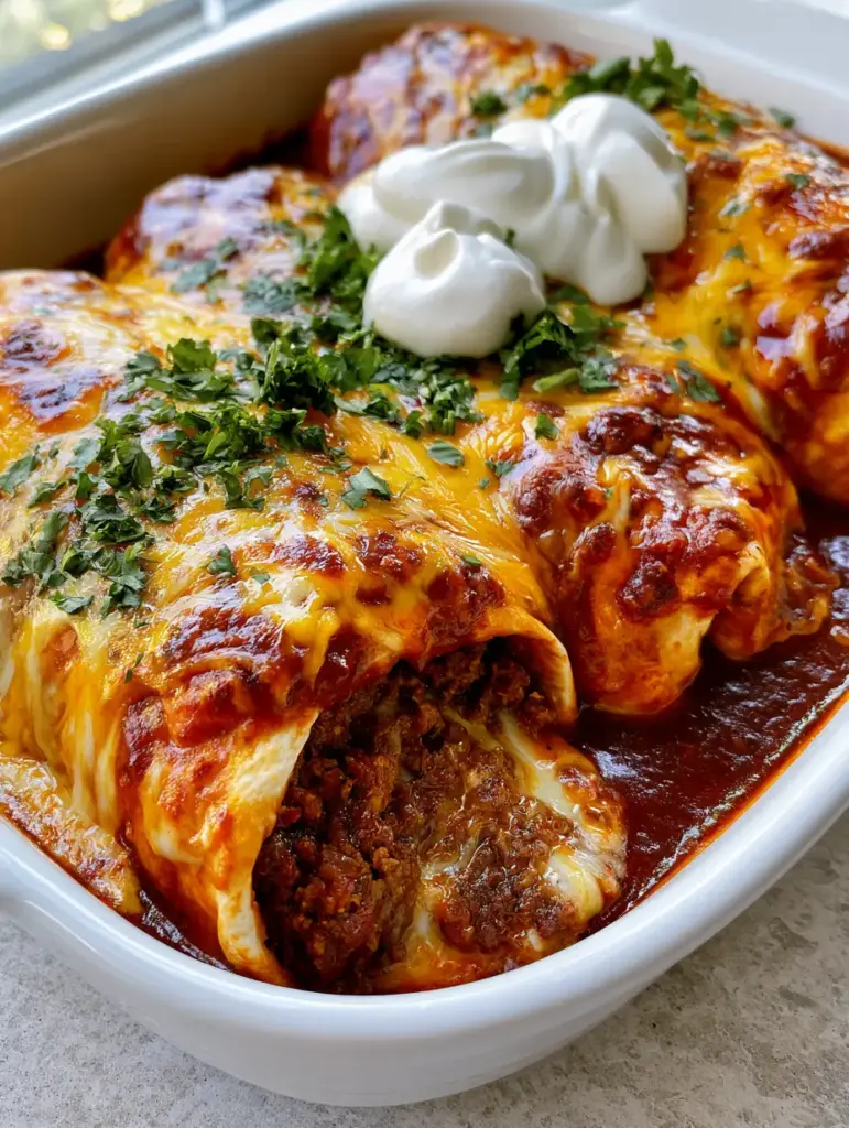 Ground beef burritos with Smothered Red Enchilada Sauce 1 A sliced Ground beef burrito showing the moist savory filling and visible taco spices inside.