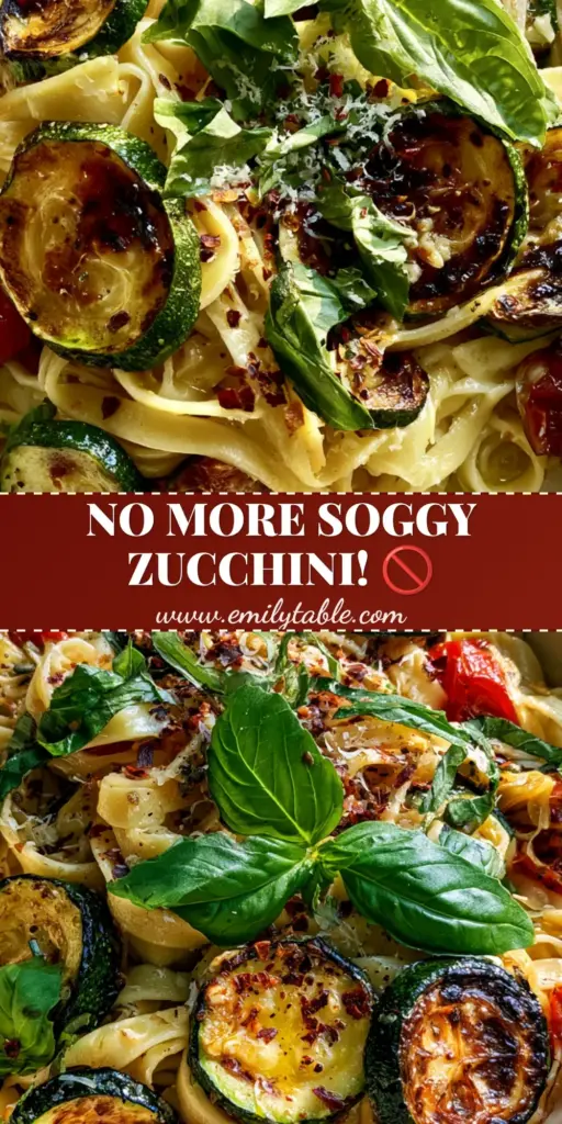 Close-up of Tomato zucchini pasta with charred zucchini rounds, burst cherry tomatoes, and fresh basil in a cream bowl. (Tomato zucchini pasta)