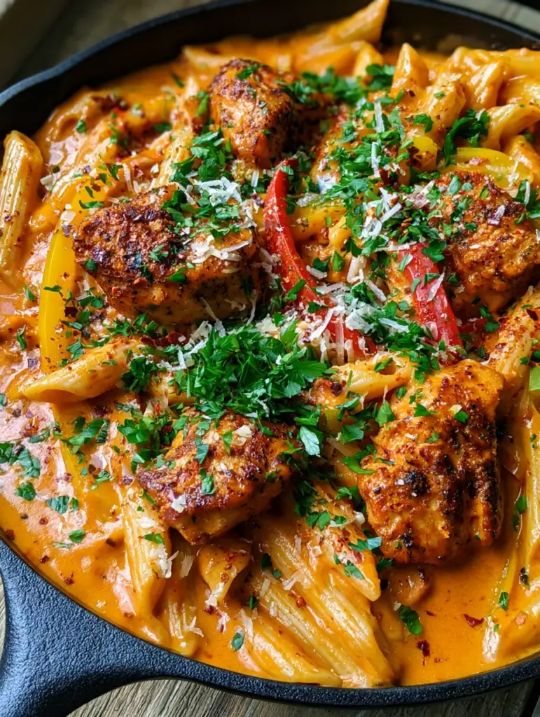 One pot Cajun chicken pasta: The Ultimate Creamy Weeknight Dinner 2 Close-up of al dente penne pasta in a vibrant orange Cajun cream sauce. (One pot Cajun chicken pasta)