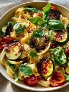 Thick fettuccine pasta tossed with seared zucchini and bright red blistered tomatoes. (Tomato zucchini pasta)