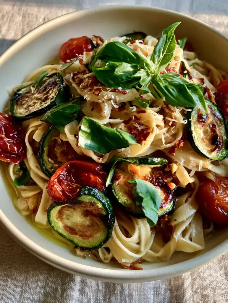 Overhead view of Tomato zucchini pasta showing micro-planed parmesan and fresh basil garnish.