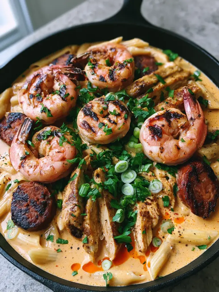 Plump succulent pink shrimp with grill marks resting on a bed of Cajun jambalaya pasta garnished with green scallions.