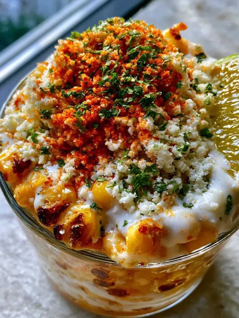 Mexican Street Corn Esquites: The Ultimate Charred Street Corn Salad Recipe 1 Top view of Esquites showing snowy cotija cheese, red chili seasoning, and minced cilantro. (Mexican Street Corn Esquites)