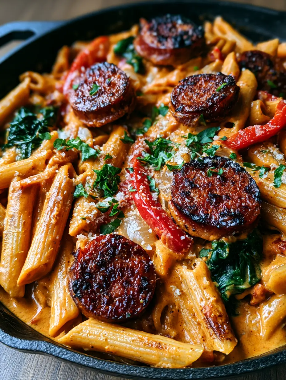 Creamy Spicy Cajun Sausage Pasta: The Ultimate One-Skillet Comfort Meal 4 Close-up of orange-hued cream sauce and seared sausage in a Creamy Spicy Cajun Sausage Pasta recipe.